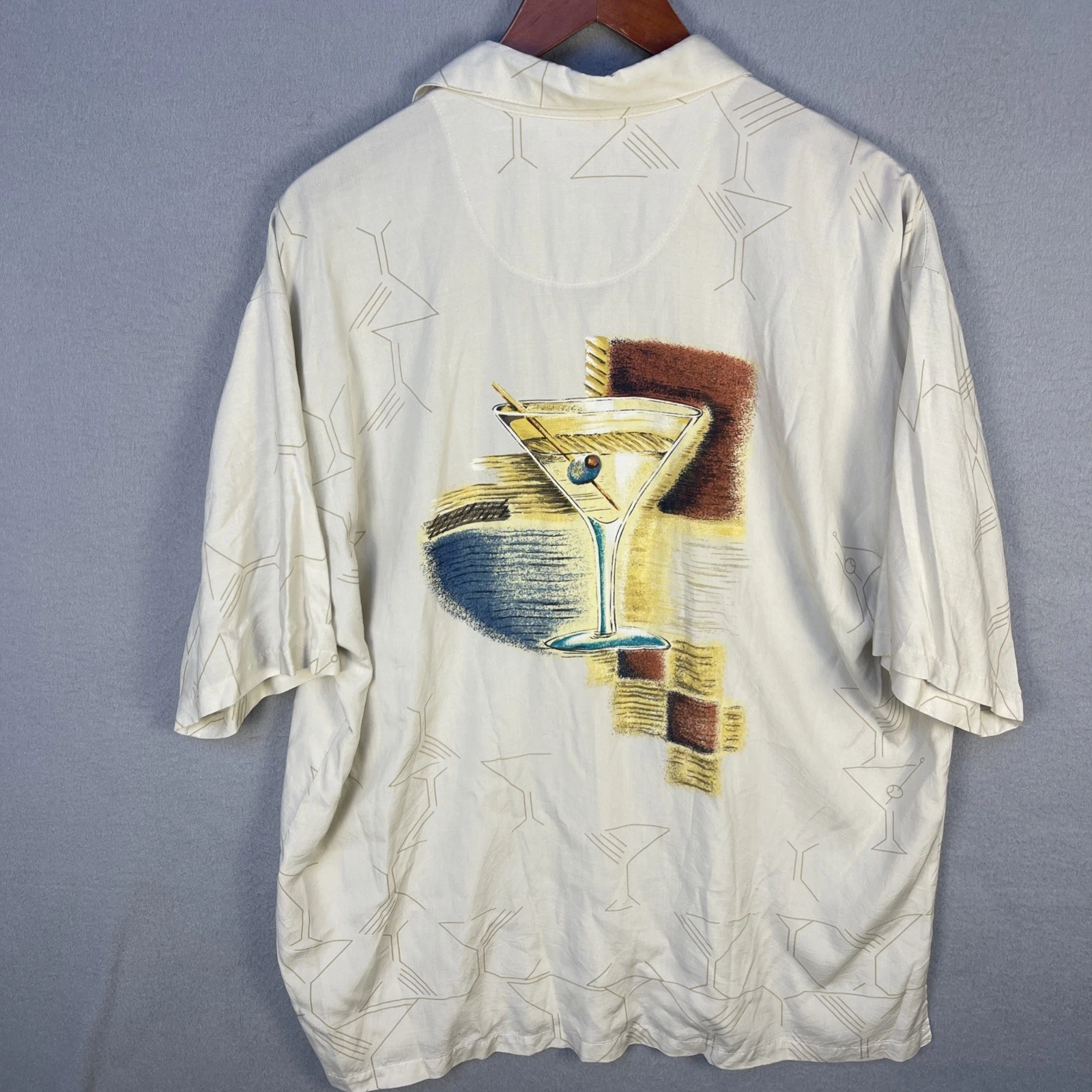 Vintage Tori Richard Camp Shirt Large Tan Graphic Martini Vacation Party Viscose