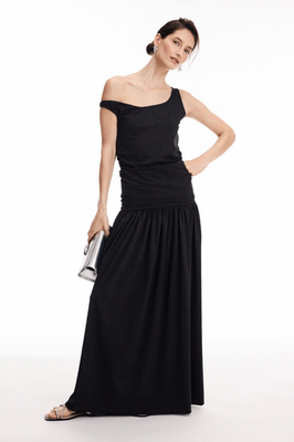 rohe off the shoulder dresses Rohe Black Asymmetrical Off Shoulder Maxi Dress