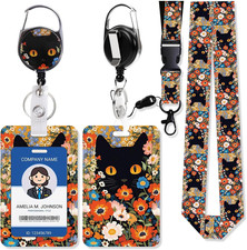 Black Cat Flower Lanyards for ID Badges with Retractable Reel
