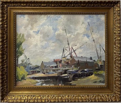Meriel Campbell: Wharfside, Seascape, Oil On Board, Signed Verso