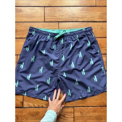 johnnie-O Swim Trunks Men's XXL Navy Blue Surfer Print Board Shorts Drawstring