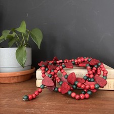 Vintage Wood Beads Valentines Garland 8  Red Hearts Country Farmhouse Christmas