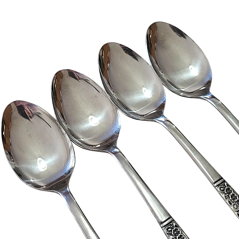 4 Rogers Fragrant Rose Spoon 6" stainless MCM Mod daisy floral Japan 70s vtg  - Image 3 of 4