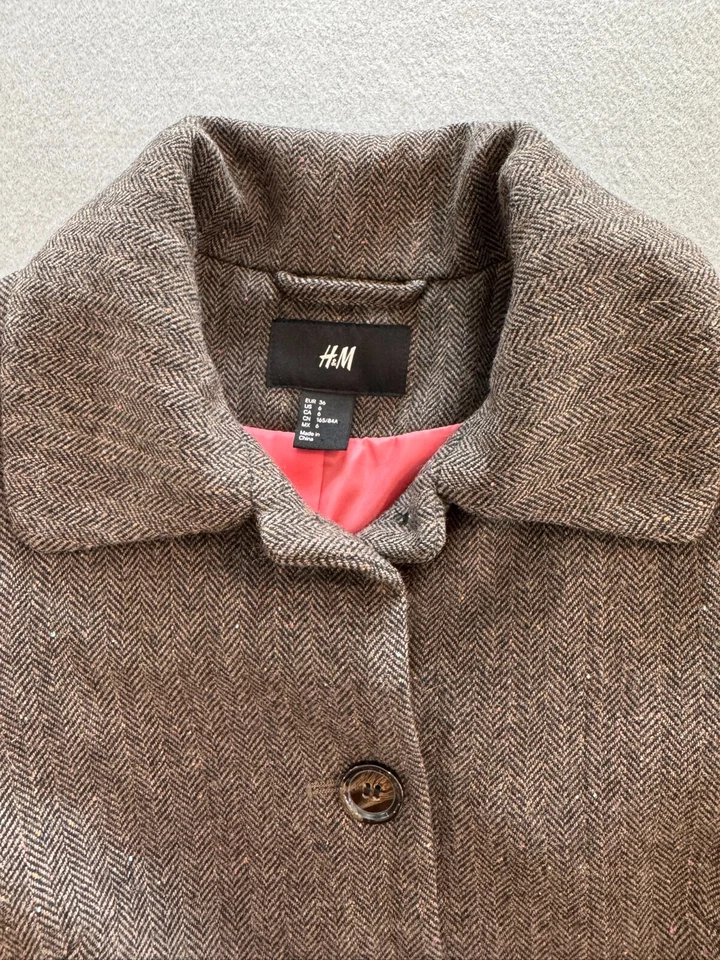 Abrigo H&M Peacoat para mujer talla 6 marrón moteado lana cuello alto Foto 2 de 4