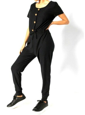 New Womens In The Style Jac Jossa Rib Short Sleeve Jumpsuit Black Size UK 18
