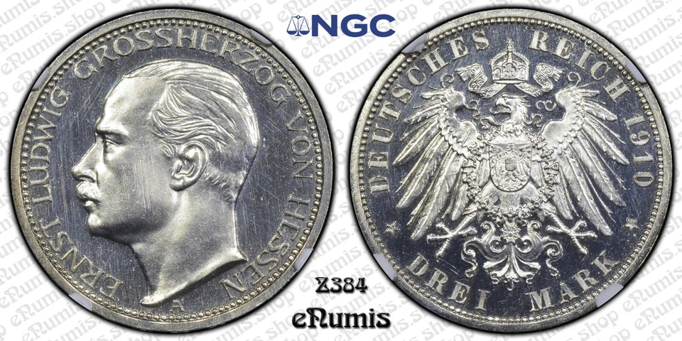 Germany, Hesse Darmstadt, Ernst Ludwig, 3 Mark 1910, Proof, NGC PF 64 - Image 2 of 4