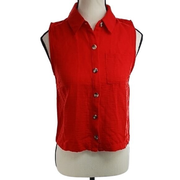 Monteau Blouse Red Fitted Button Down Sleeveless Pocket Womens Size Small