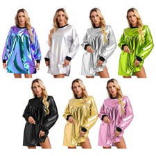 Rib Trims Women T-Shirt Dress Long Sleeve Mini Tshirt Dress Metallic Clubwear