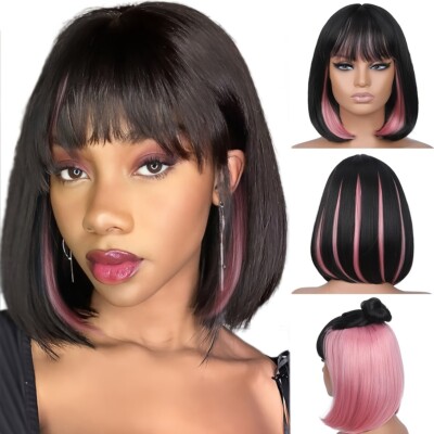 Women Hair Short Bob Wigs Straight Black Mix Brown Wig Cosplay