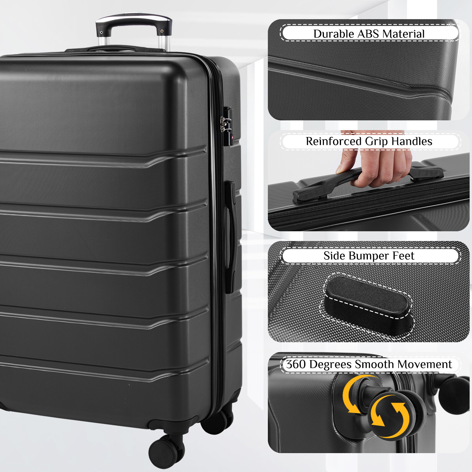 3-Piece Luggage Sets Hard Shell ABS Suitcases with Double Spinner Wheels