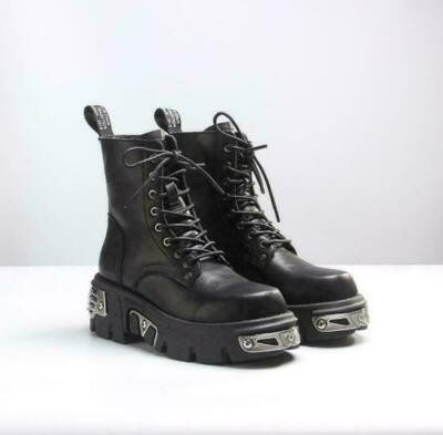 New Womens Rock Metallic Leather Goth Punk Military Ankle Boots