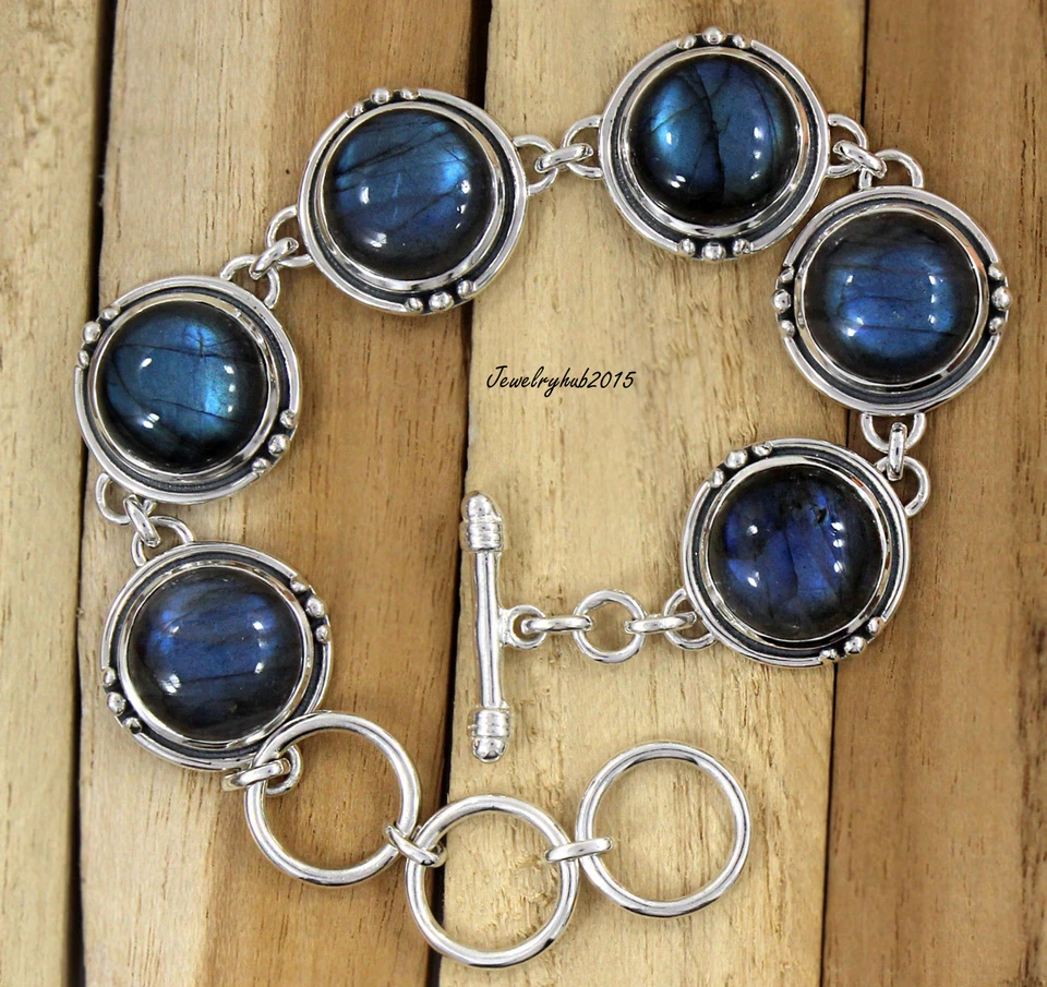 Precioso brazalete hecho a mano de plata de ley 925 con piedras preciosas de labradorita Sr227 Foto 3 de 4