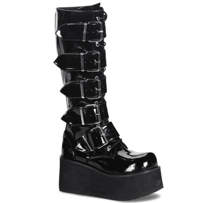テツ Black Goth Buckles Platform Combat Knee High Boots Trashville-518