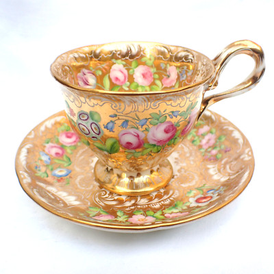 Fine Antique English Footed Tea Cup & Saucer Gilt and Painted Flowers All Over