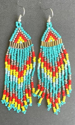 Boho Native American Turquoise Tribal Seed Bead Beaded Earrings Fringe Long