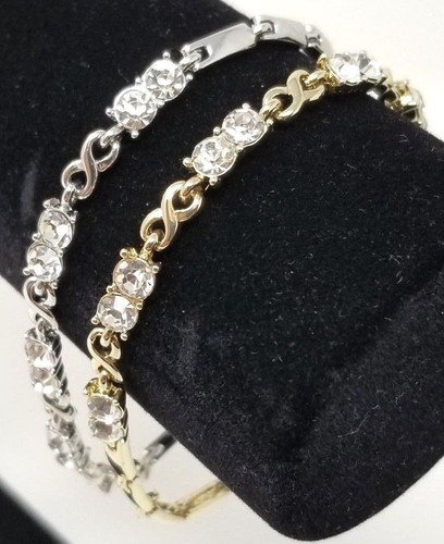 Bracelets 2 Gold tone and Silver Tone Links with Clear Rhinestones with Box - Picture 2 of 12