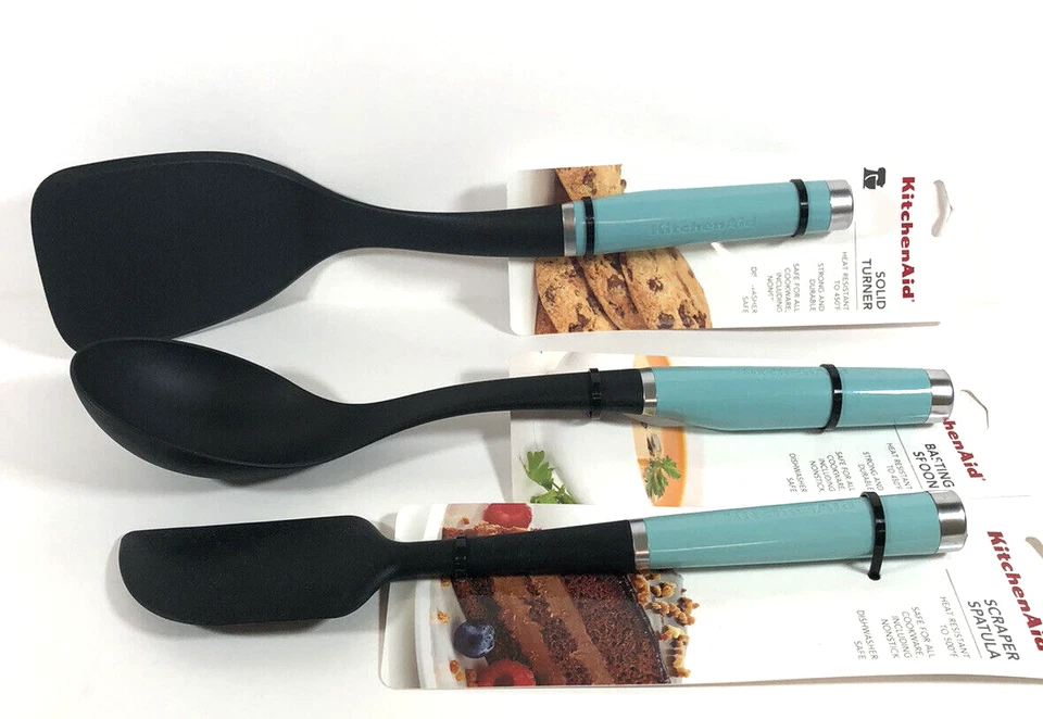 Kitchenaid 3 Piece Spoon, Spatula, Flipper - Aqua Handles - New - Image 2 of 2