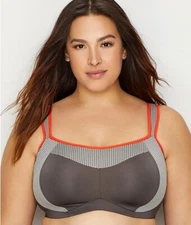 Curvy Couture Confident Wireless Sports Bra #1248 Gray/Tangerine US Szs C-H NWT