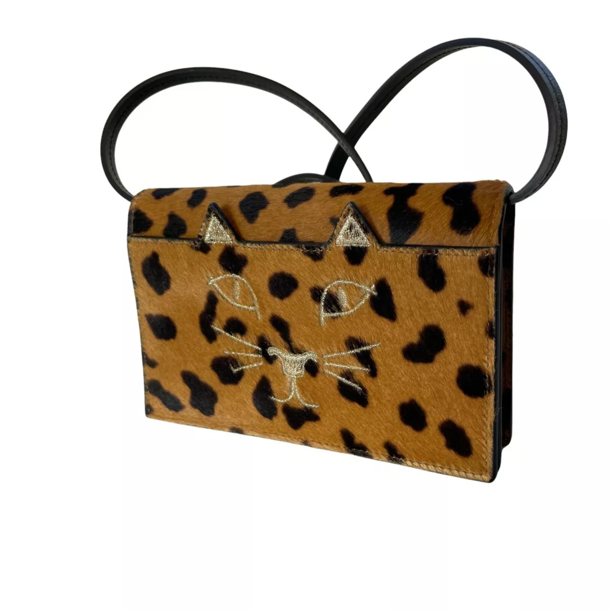 Charlotte Olympia Kitty Cat Feline Leopard Calf Hair Shoulder Bag Brown