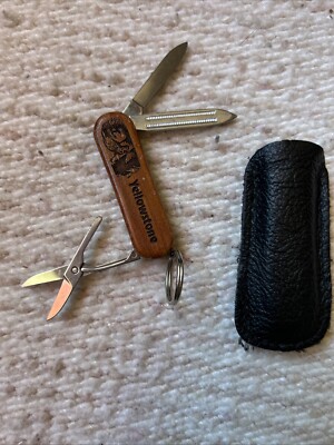 Vintage Yellowstone Pocket Knife Wood Stainless Case Sheath Scissors File ￼￼