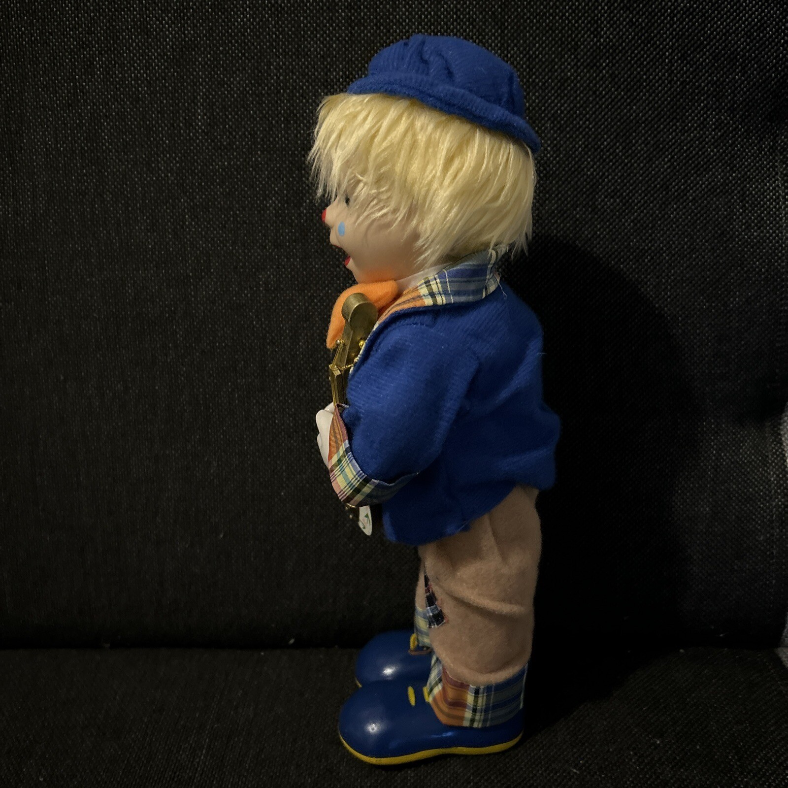 Vintage Musical Clown Wind Up Porcelain Doll Playing Ukulele Music and