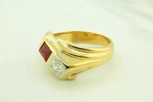 2Ct Princess Lab Created Red Ruby Men's Engagement Ring 14K Yellow Gold Plated - Picture 4 of 5