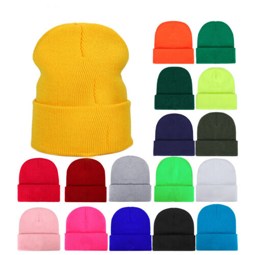 Unisex Plain Warm Knit Beanie Hat Skull Cuff Ski Cap Solid Color Men Women Hats - Picture 1 of 24
