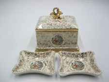 Vintage 24k Hand Painted Lidded Trinket Dish w/ Small Trays Courting Couple