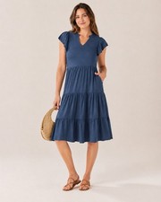 New Women’s Blue Tiered Flutter Sleeve Midi Dress – Pockets – L