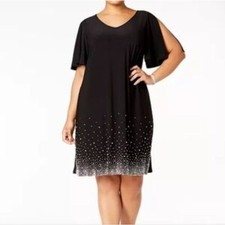 Roz & Ali Navy Pearl Rhinestone Studded Slit Sleeve Shift Dress Plus Size 2X
