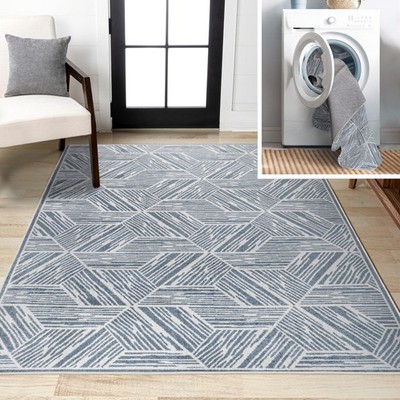 Machine Washable Blue/Cream Indoor Area Rug 3X5 ft, Vector Modern Coastal Geo...