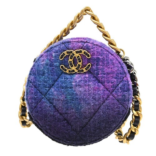 Chanel 19 Round Clutch With Chain Quilted Tweed Purple Tweed Shoulder Bag