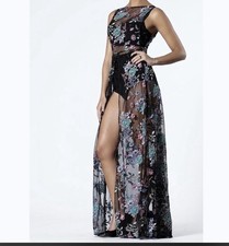 HOUSE OF CB LONDON Black Sheer High-Low Gown with Teal and Pink Floral Embroider