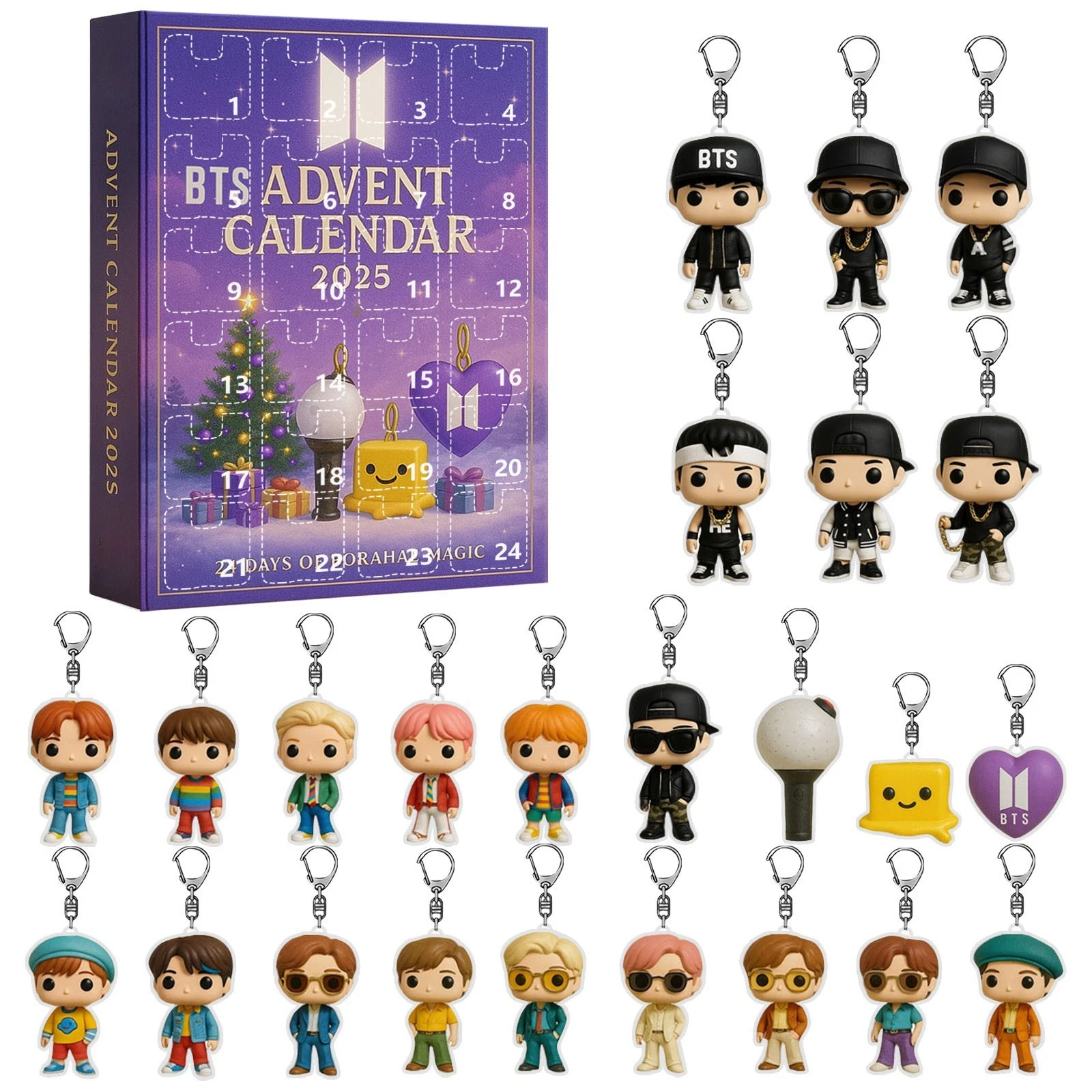 Acrylic Advent Calendar Blind Box 2025 with 24 BTS Hanging Ornaments and Keychains