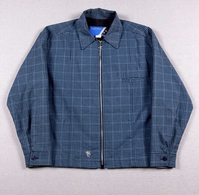 Vtg Kik Wear Jacket Mens Medium Blue Plaid Full Zip Bomber Made in USA