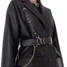 Fashion Black Faux leather Harness Waist Body Belt Punk Chest Belt with Chain...