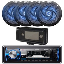 Pyle Single DIN Marine Bluetooth Receiver, Cover, 4x 5.25" 180W Blue LED Speaker