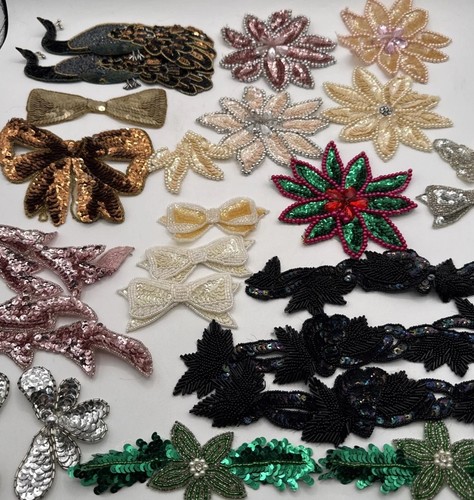 Vintage Sequin Appliqué Embellishments Patches Lot Of 24 Peacocks Bows Flowers