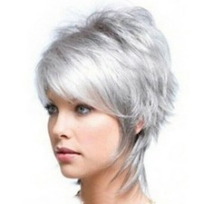 Women Natura Full Wig Short Silver Gray Grey Ladies Hair Wigs Synthetic