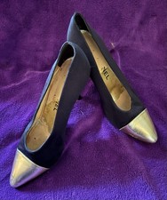 CHANEL Black Satin Pumps With Gold Leather Toe 37.5 Some Interior Wear. NICE