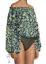 Free People Paisley Print Bodysuit Long Sleeves Drawstring Cuffs XL Navy Green