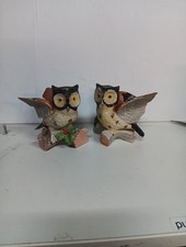 Lot Of 2 Vintage Ceramic Owls Perched on Logs No Chips