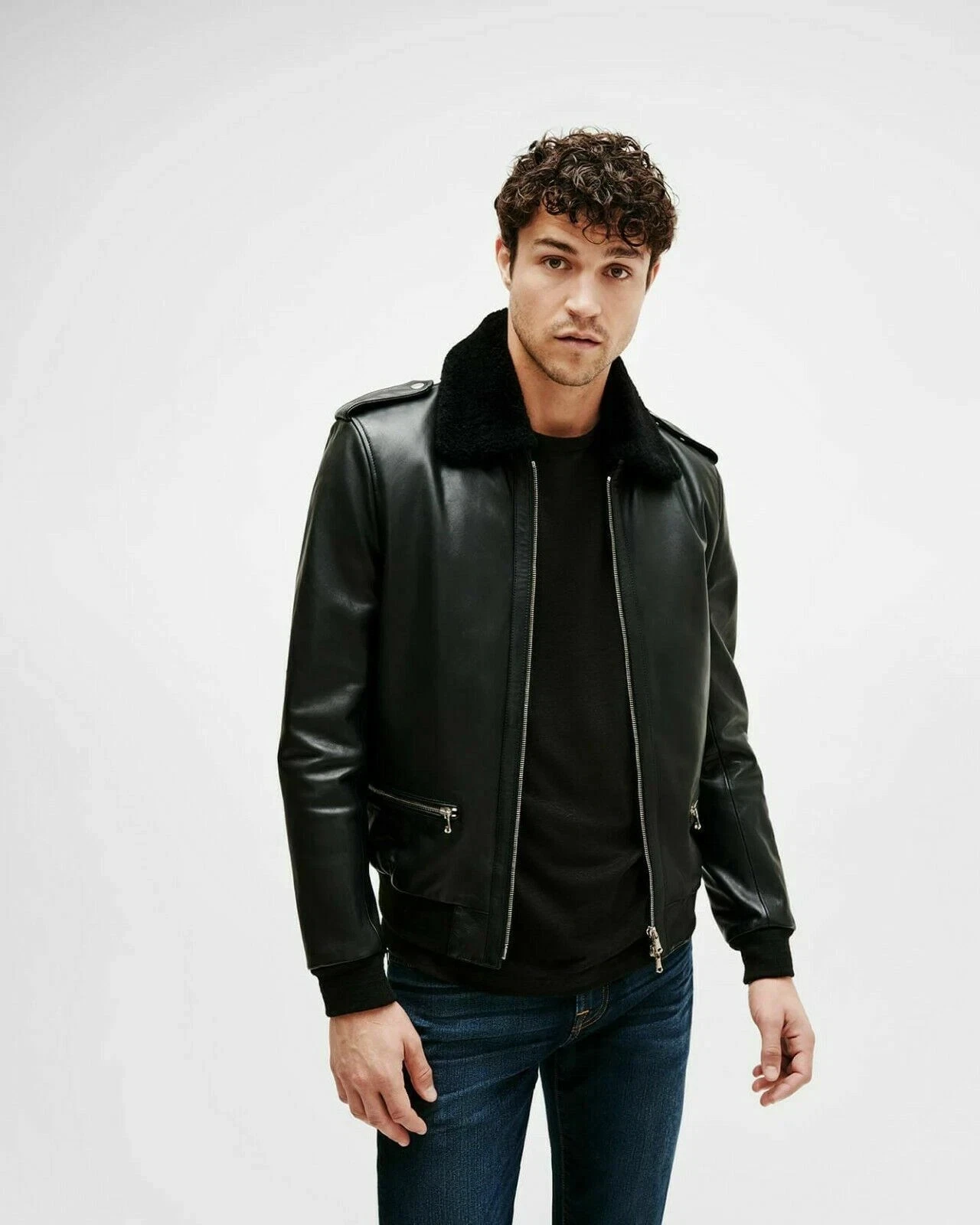Men's Black Leather Jacket Lambskin Flight/Bomber Fur Collar S M L XL XXL 3XL