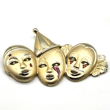 Vintage AJC Gold Tone Triple Clown Face Brooch 3.5" Enamel Jester Circus