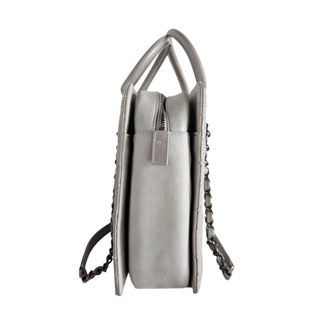 Chanel Grey Calfskin Oil Waxed Leather Briefcase Top Handle Chain Shoulder Bag image 5