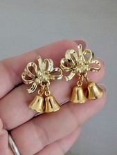 Vintage Gold Tone Christmas Bells with Bow Pierced Post Dangle Earrings