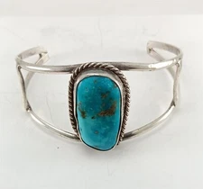 NICE OLD GOOD CONDITION 6 7/8" GERMAN SILVER BLUE TURQUOISE STONE BRACELET CUFF