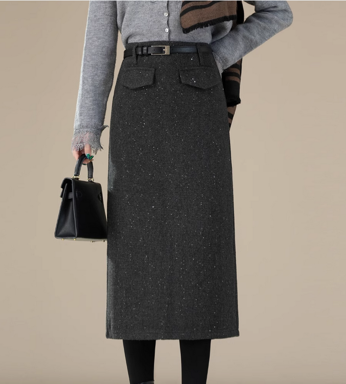 Gray Sequined Skirt Women' 2024 Autumn and Winter Woolen Split Straight Hip Wrap