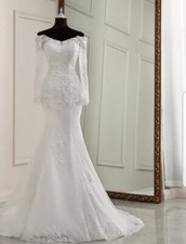 UK White Ivory Lace Beach Mermaid Bridal Off Shoulder Wedding Dresses Size 6-18