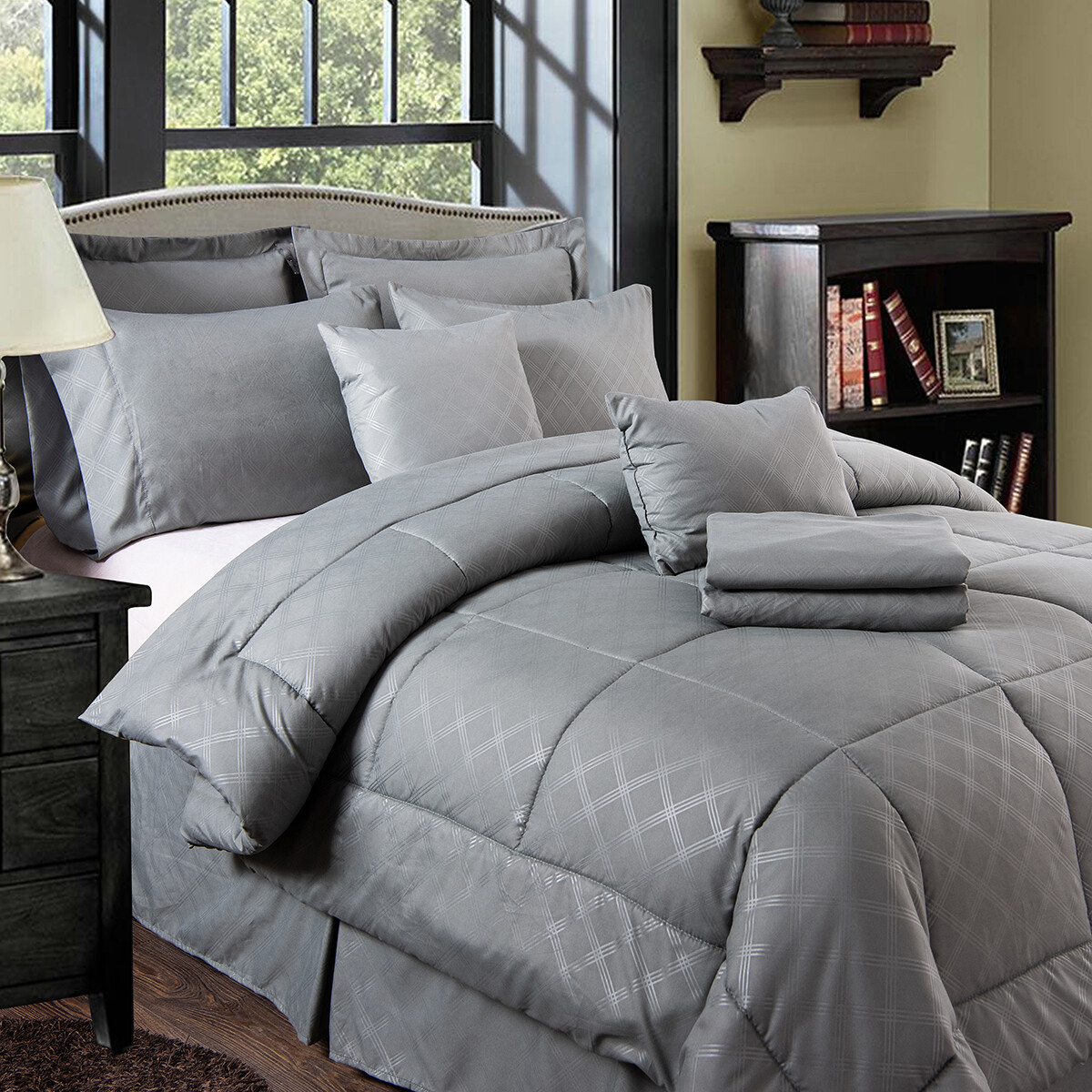 10 Piece Solid Plaid Comforter Set Bed In a Bag Bed Skirt Sheet Shams Queen  king